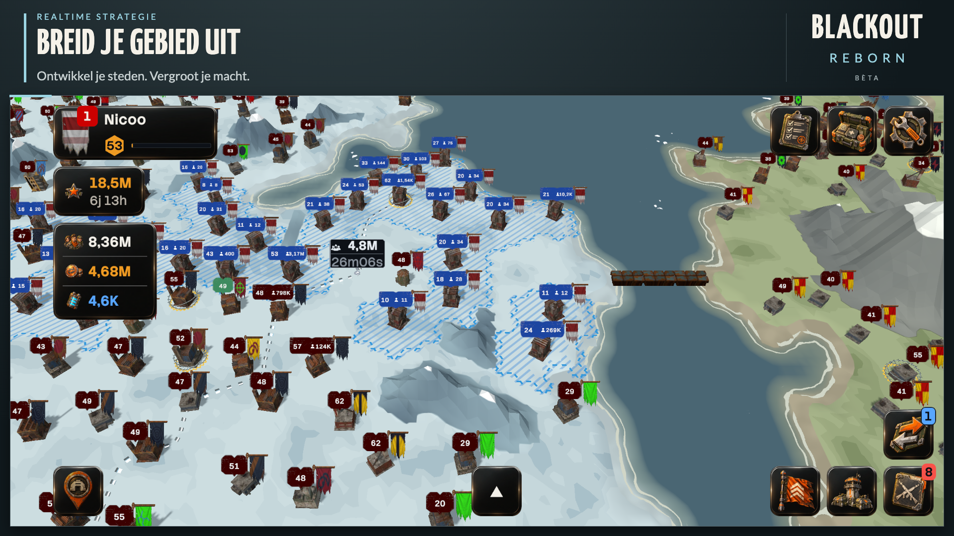 Een besneeuwd gebied met steden en kustlijn in Blackout: Reborn