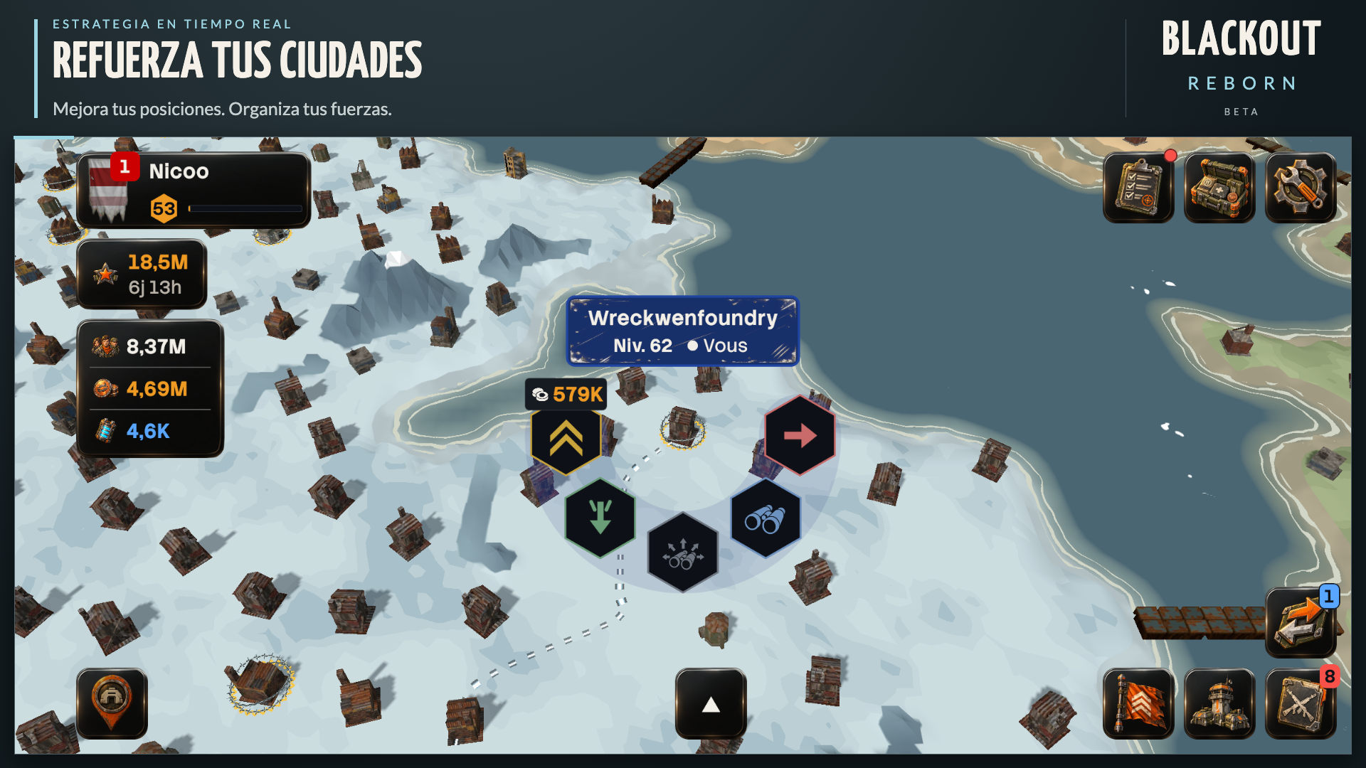 El menú de acciones de una ciudad en Blackout: Reborn