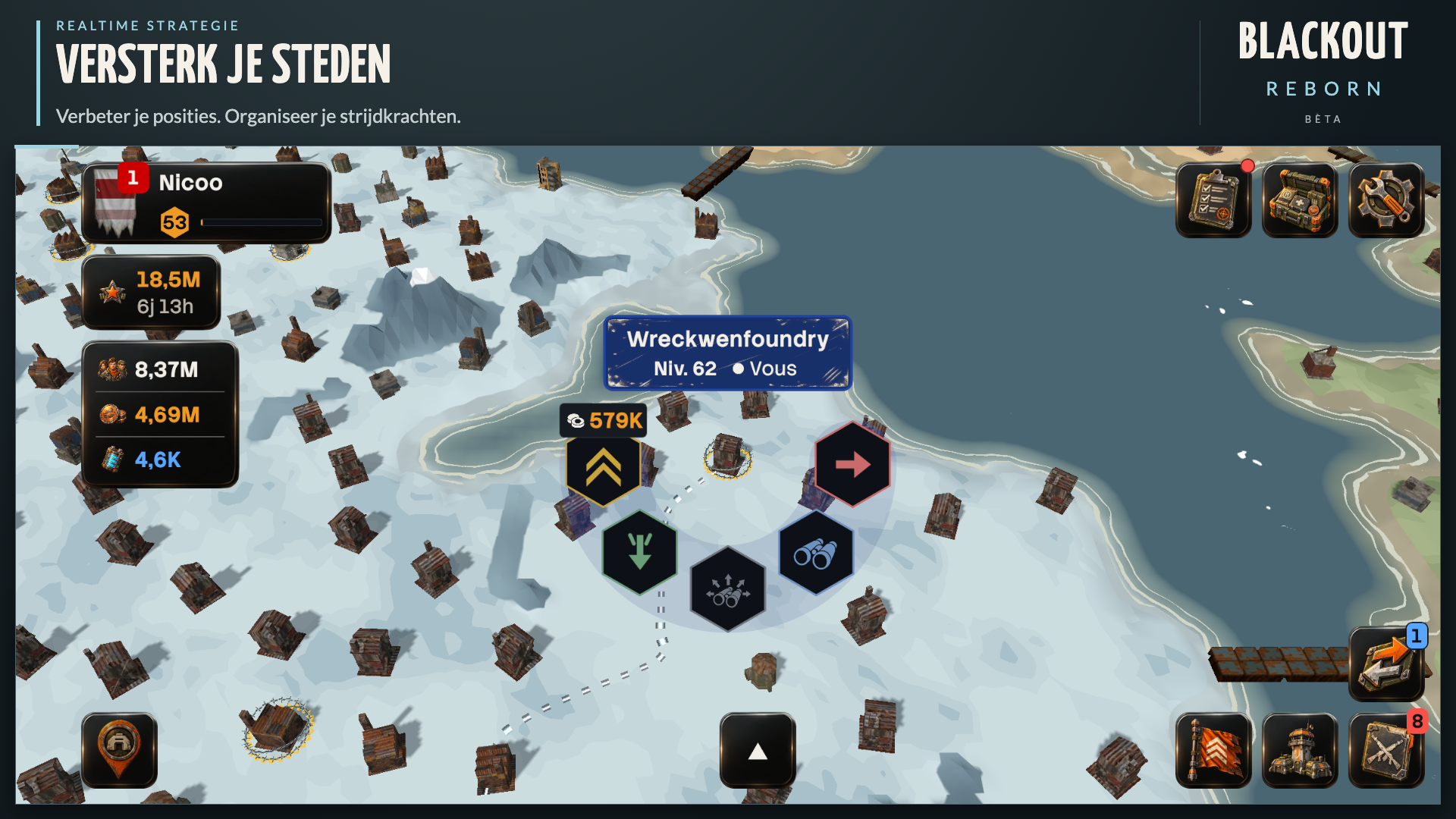 Het actiemenu van een stad in Blackout: Reborn